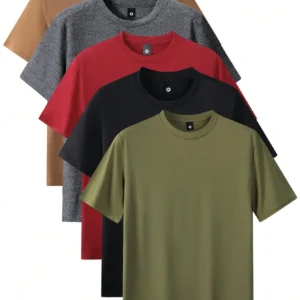5pcs Men's Regular Fit Short Sleeve T-Shirts, Solid Color Basic Casual Sports Lightweight Tops Tee