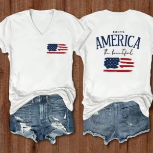 INAWLY Women Summer Short Sleeve Casual T-Shirt With Letter And American Flag Print