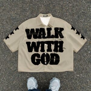 Manfinity Roghcode Men's Short Sleeve Shirt, Fashionable For Summer Men's Cropped Tops, Walk With God Shirt, God Shirt, Tan Graphic Shirt, Church Shirt