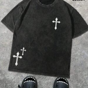Hemo, Men's Round Neck Short Sleeve Simple Commuter Top, Casual Daily Cross Print Distressed Print T-Shirt