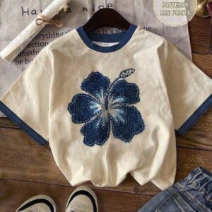 Attitoon Casual Minimalist Blue Floral Pattern Round Neck Short Sleeve Loose Women T-Shirt, Suitable For Summer Hibiscus Shirt Suitable For Going Out
