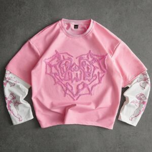 PAVTROS Manfinity Streetrush Men's Light Pink Autumn Graphic Y2k City Break Angel Cupid Print Embroidered Heart 2 In 1 T-Shirt,Streetwear 2000s Style Tee