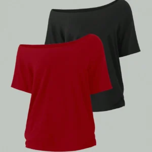 SHEIN Unity 2pcs Women's Loose Asymmetric Neck T-Shirts, Elegant Black And Red Solid Color Oversized Tees