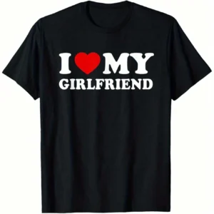 I Love My Girlfriend" Men's T-Shirt - Valentine's Day Gift, 100% Cotton, Casual Round Neck Short Sleeve Tee, Black With White Text & Red Heart Design, S-XXXL, Valentine's Day T-Shirts