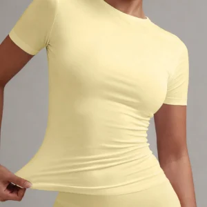 XLLAIS 2025 Model Crew Neck Short Sleeve Summer Cream Yellow Solid Basic Fitted Sporty Casual T-Shirt For Women, Back To School Season