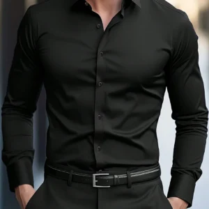 Manfinity Mode Men's Black Winter Basic Business Casual Office Stand-Up Collar Solid Color Button Long Sleeve Shirt,Formal Fall Old Money Style Shirt For Commuting, Ceremony