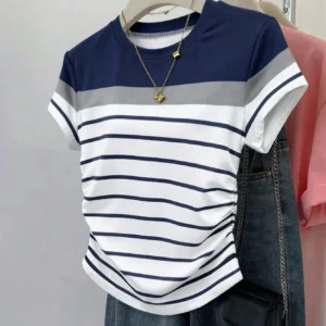 SHEIN Women's Summer Casual Vacation Multicolor Striped T-Shirt,Navy And White Patterned Outdoor Tops,Fitted Ruched Waist New Arrival Outdoor Wear