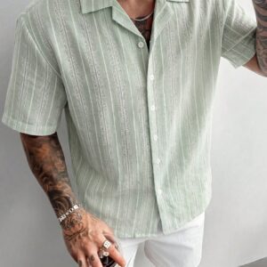Men's Slim Fit Linen-Like Striped Shirt, Minimalist Stylish Mandarin Collar Top, Fashionable & Refreshing For Summer Wear
