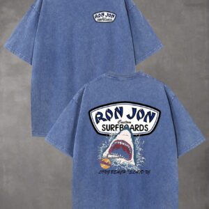 Vintage Washed Rons Jon Surf Shop Long Beach Island Shark Graphic T-Shirt, 100% Cotton Oversized Short Sleeve Tee, Retro Surf Style