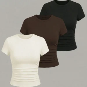 EMERY ROSE 3pcs Women's Casual Everyday Commute Minimalist Solid Color Ruched Fitted Short Sleeve T-Shirts Occasion White And Brown Summer