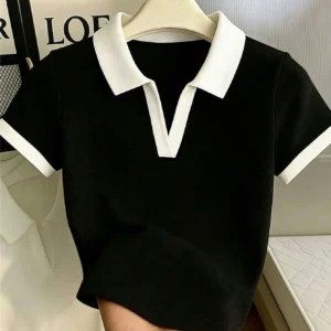 SHEIN Women's Solid Color Polo Collar Fitted Short Sleeve T-Shirt