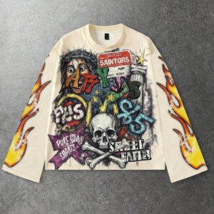 ROMWE MEN Street Life Spring Casual Graphic Men'S Skeleton Print Long Sleeve T-Shirt, Vintage Street Style