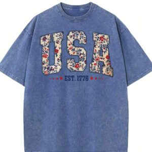 Women's Washed T-Shirts, USA Printed Soft And Breathable, Simple And Versatile, Independence Day, Fireworks To Celebrate God Bless America, I Love This Land, And The National Flag Can Be Used As A Gift