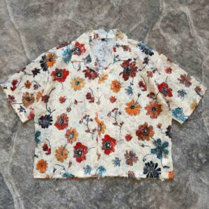 Soft Textured Short Shirt, Unisex, Summer Floral Pattern, Jacquard Fabric, Loose Fit, Distressed, Couple Shirt, Hollow Out, Casual Outings, Young People's Outfit, Vacation Shirt, Short Sleeve Outerwear