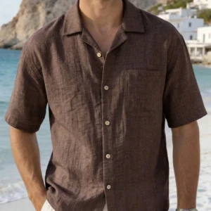 1pc Coffee Brown Loose Fit Faux Linen Men's Shirt, Casual Vacation Shirt, Lightweight & Breathable, Vacation Style Men's T-Shirt, Machine Washable, Oversized Fit, Summer Beach Holiday, Beach Outing, Fresh & Comfortable Men's Top, Loose Fit, Recommend Ordering One Size Down