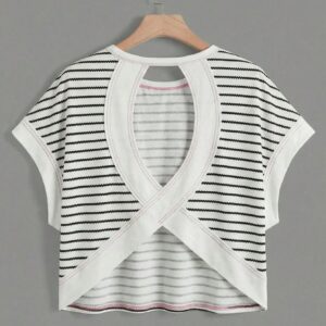 SHEIN Essnce Women's Casual Round Neck Backless Asymmetrical Hem Loose Sleeveless T-Shirt, Suitable For Summer, Striped Print,Summer Top