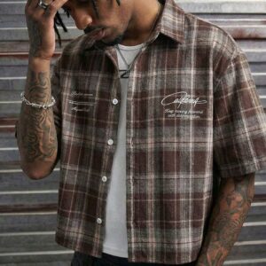 AXEPEAK Men's Loose Fit PU Short Sleeve Shirt, Streetwear Inspired