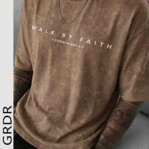 GRDR Men's Letter Print Washed Round Neck Short Sleeve T-Shirt, Comfortable & Breathable For Summer