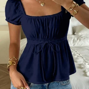 CovetEZ 95% Cotton Summer Square Neck Puff Sleeve Tie Front Tee, Navy Blue,Summer Top