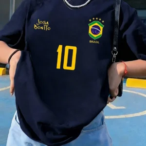Women's Casual Brazil National Team #10 Print T-Shirt, Graphic Short Sleeve Round Neck Top, Breathable Comfortable Football Sports Style Shirt, Street Hip-Hop Vibe For Summer Daily Wear, Suitable For World Cup Football Events, Fan Gifts, Vacation, Fitness, Outdoor Activities
