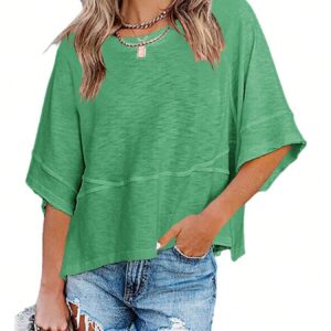 Women's Casual Green Half Sleeve T-Shirt With Asymmetrical Neck Drop Shoulder And Exposed Seam Details Made From Polyester Regular Length