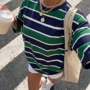 Muchica Women's Casual Striped Contrast Color Round Neck Drop Shoulder T-Shirt,Summer Top