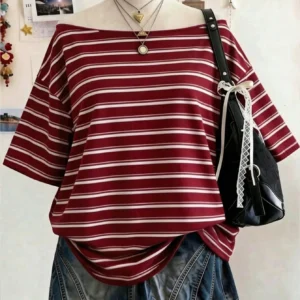 Lalippa Women's Casual Striped Off-Shoulder T-Shirt, Summer