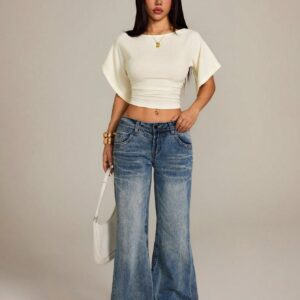 SHEIN PETITE Apricot Knit Batwing Short Sleeve Cropped T-Shirt For Women,Summer Top