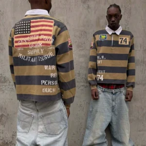 Men's Yellow & Blue Striped Rugby Shirt, "74" Patch American Flag Back Print Cropped Polo