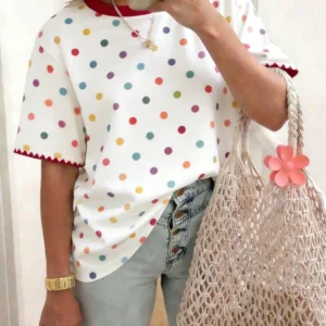 EMERY ROSE Polka Dot Crew Neck Casual Short-Sleeved T-Shirt, Plus Size Women's T-Shirt, Summer Style