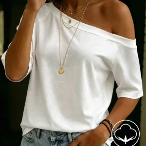Balvessa White Asymmetrical Shoulder Casual Versatile Women Short Sleeve T-Shirt