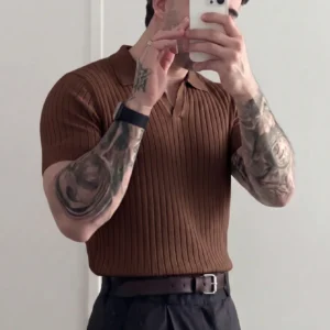 Men's Ribbed Airplane Collar Polo Knit Shirt, Short Sleeve, Summer Fashion