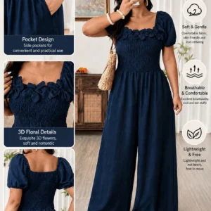 Weeklong Plus Size Women Square Neck Floral Decor Short Sleeve Jumpsuit With Pockets, Casual Vacation Outfit