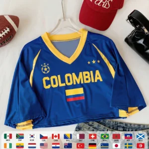 Comfortcana Women's Summer Short Sleeve V-Neck Colombia National Football Team Jersey Top, Contrast Color Letter Print Casual Cropped Top, Raglan Sleeve Knit Sweater, Retro, Preppy, Classic, Fashion, Youthful And Street Style. Smooth And Comfortable Fabric, Ideal For Match Day. 2026 World Cup Sports Fashion Match Day Football Street Style Jersey