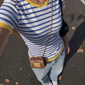 Women's Blue Striped Contrast Color Cropped Top, Y2K Bright Color Short Sleeve Fitted T-Shirt, Suitable For Summer Beach Party Festival