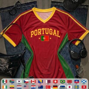 SHEIN EZwear Women's Loose V-Neck Portugal National Football Team Jersey, Yellow With Contrast Collar And Cuff Stripes, 2026 World Cup Sports Fashion Match Day Football Streetwear