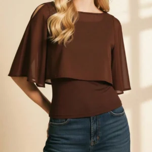 VIBEWAVE European And American Style Khaki Cape Sleeve Top, Women Round Neck Loose Cover Up Pullover, Asymmetrical Commuting T-Shirt